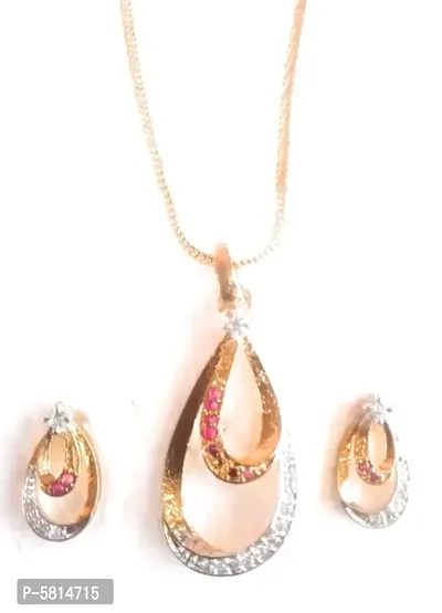 A Modern Brass Jewellery Set of Gold  Silver Plated American Diamond Pendant Necklace Set along with earnings and 18 inch Gold plated Chain. Light weight for Women  Girls for all occasions-thumb0