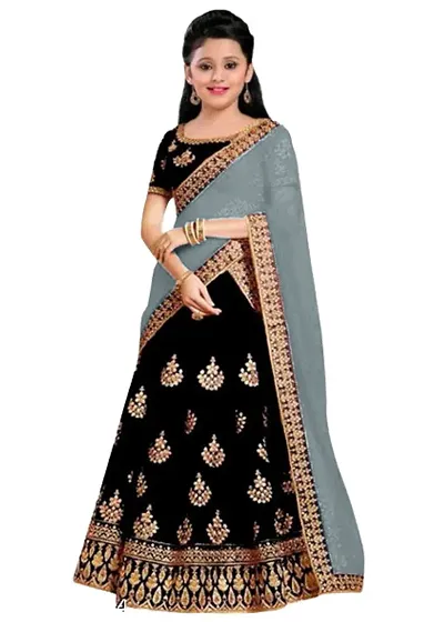 Ramdev fashion Sara Girls Embroidered Satin Silk Semi-Stitched Lehenga Choli With Dupatta set 