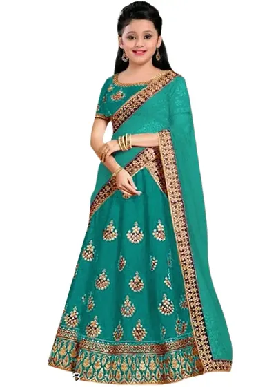 Color Heavy Taffeta Satin Embroidered Designer Kids Girls Traditional Semi Stitched Lehenga Choli _Suitable To 8-13 Years Girls .