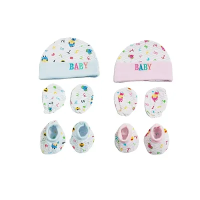 Soft Cotton Printed Mitten, Cap  Booty Set for Babies- 0-6Months, 2 Pack