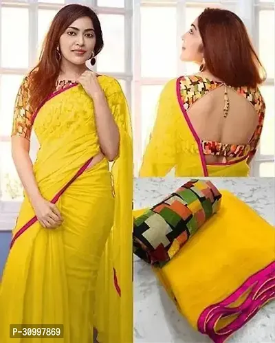 Stylish Georgette Yellow Solid Saree with Blouse piece-thumb0