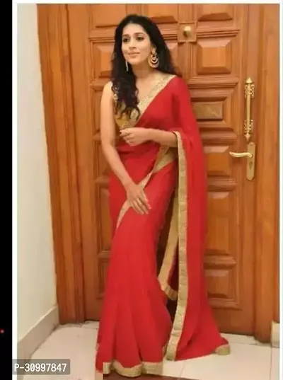 Stylish Georgette Red Solid Saree with Blouse piece-thumb0