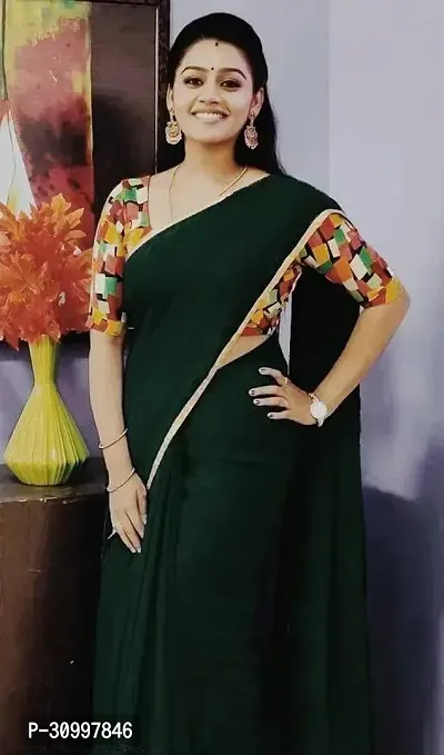 Stylish Georgette Green Solid Saree with Blouse piece