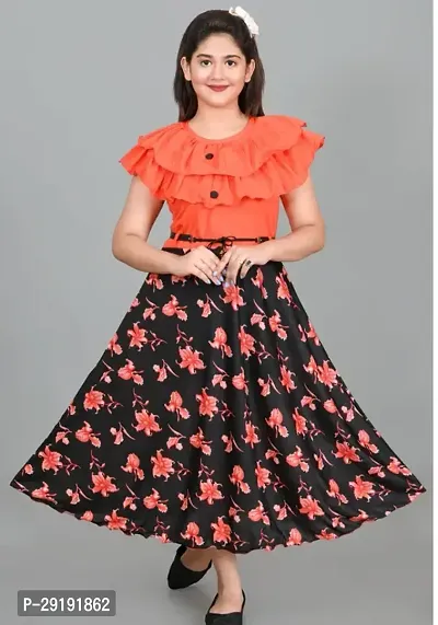 Fabulous Peach Cotton Blend Printed Frocks For Girls