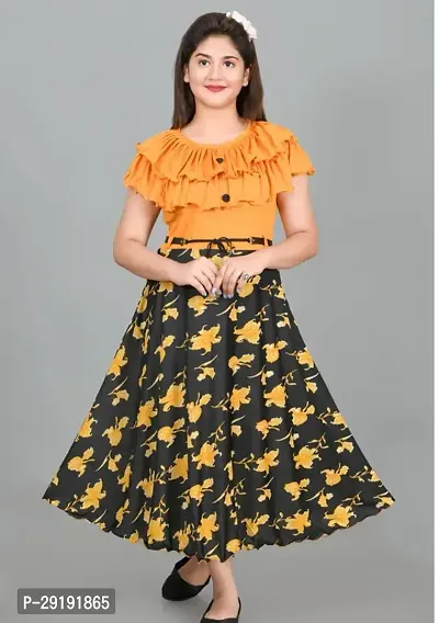 Fabulous Orange Cotton Blend Printed Frocks For Girls