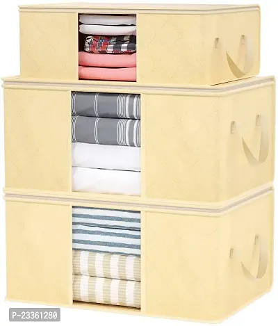 ANY TIME Foldable Clothes 3 Pieces Closet Organizer and Storage Clothing for Clothes, Blanket, Comforter, Under bed Storage (Light Beige)-thumb0