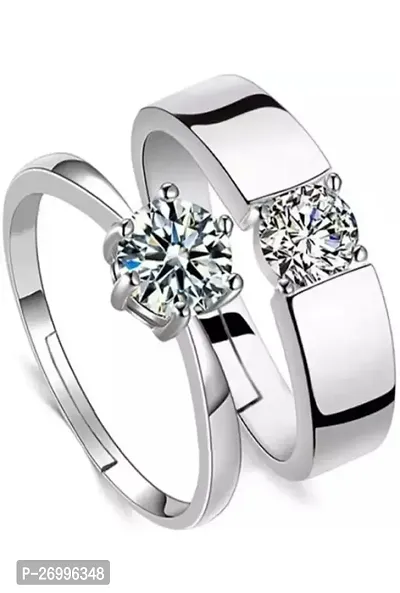 Valentine American diamond Adjustable Heart Love Ring Combo set Silver propose AD Couples 2 Finger Rings-thumb2