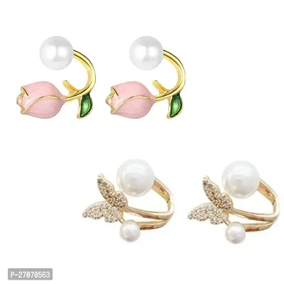 Combo of 2 Fashionable Circle of Life Pearl and Pink rose stud Korean Earrings For Women and Girls