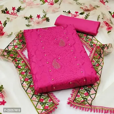 Elegant Pink Cotton Embroidered Dress Material with Dupatta For Women-thumb0