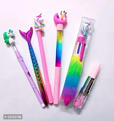 Unicorn Pens Set Pack Of 6|Fur Own|Unicorn Pen|Mermaid Pen|Lipstick Pen|Unicorn Pencil For Kids Return Gift|Blue-thumb0