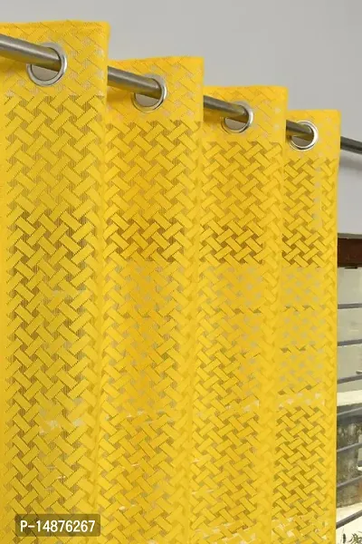 ROOKLEM Polyester Heavy Net Tissue Cress Cross Pattern Design 7 Feet Door Curtain Pack of 2 Curtains Yellow Colour-thumb2