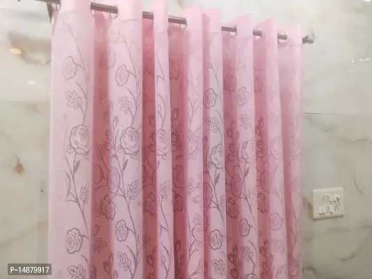 ROOKLEM Polyester Fancy Beautiful Heavy Net Semi Sheer Rose Design Curtains 5 Feet Window Pack of 2 Pieces Pink Colour-thumb2