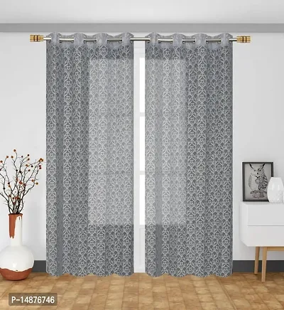 ROOKLEM Heavy Polyester Jaal Floral Design Net Semi Transparent Sheer Curtains for Living Room Bedroom Pack of 2 Pieces Grey Color 4 x 7 Feet for Door Size-thumb2