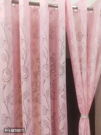 ROOKLEM Polyester Fancy Beautiful Heavy Net Semi Sheer Rose Design Curtains 5 Feet Window Pack of 2 Pieces Pink Colour