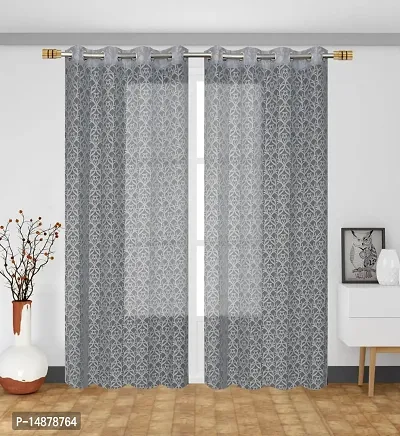 ROOKLEM Heavy Polyester Jaal Floral Design Net Semi Transparent Sheer Curtains for Living Room Bedroom Pack of 2 Pieces Grey Color 4 x 9 Feet for Long Door Size-thumb2
