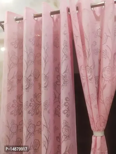 ROOKLEM Polyester Fancy Beautiful Heavy Net Semi Sheer Rose Design Curtains 5 Feet Window Pack of 2 Pieces Pink Colour-thumb3