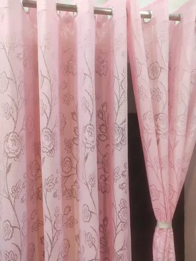 Polyester Trending Plain Heavy Net Curtains Rose Design For 7 Feet Door Pink Color Pack of 2 Pieces