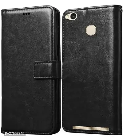redmi 3s flip cover black color/ leather flip cover / 3 card pocket / inbuilt stand / magnetic strap-thumb0