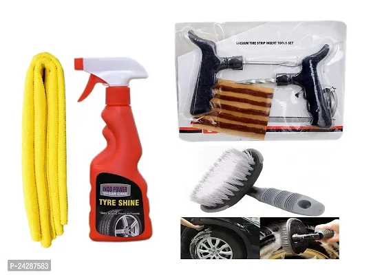 INDOPOWER? R954-TYRE SHINER SPRAY 250ml+ 1PC CAR MICROFIBER CLOTH + Tubelass smart Panchar Kit.+All Tyre Cleaning Brush