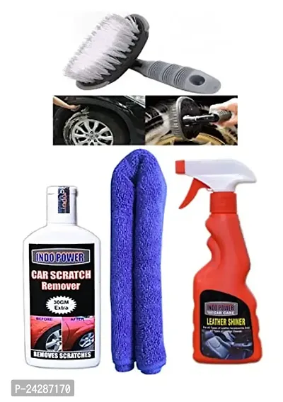 INDOPOWER? Ss1060-LEATHER SHINER SPRAY 250ml + 1PC CAR MICROFIBER CLOTH+ scratch remover 100gm. +All Tyre Cleaning Brush