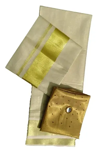 Kuthampully Kerala Traditional Kasavu Tissue Dhavani Set/Half Saree With Tissue Designed Blouse