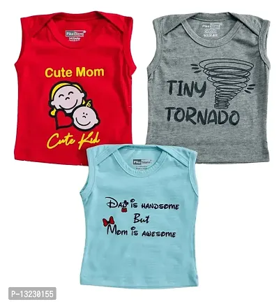 Piku Store Sleeveless Hosiery t-Shirts for Baby Boy & Baby Girl (0-3 Months, Rosered-LightGrey-Aqua Blue)