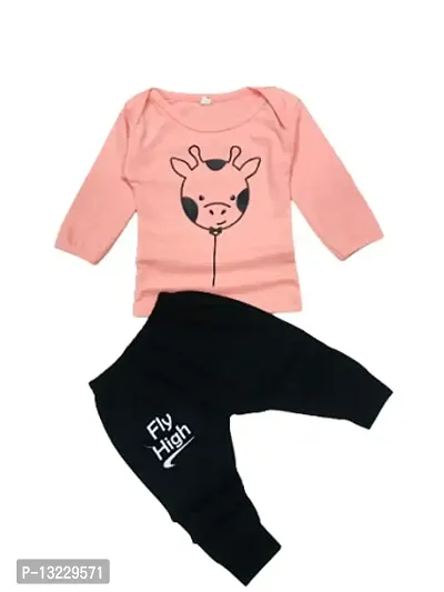 Piku Store Full Sleeves Peach Cartoon Print Baby T-shirt and Printed Lower/Track pant (12-18 months)-thumb0