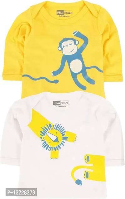 Piku Store Baby Boy's & Baby Girl's T-Shirt (MonkeyLion_Yellow & White_12-18 Months)-thumb0