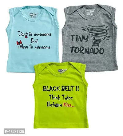 Piku Store Sleeveless Hosiery t-Shirts for Baby Boy & Baby Girl (0-3 Months, AquaBlue-LightGrey-Limegreen)-thumb0