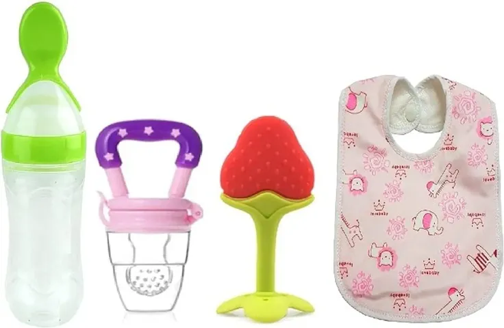 Manan Shopee Squeezy Silicone Rice Cerelac Food Feeder and Fruit Nibbler and Teether & Baby Bib (Combo Set for Feeding)