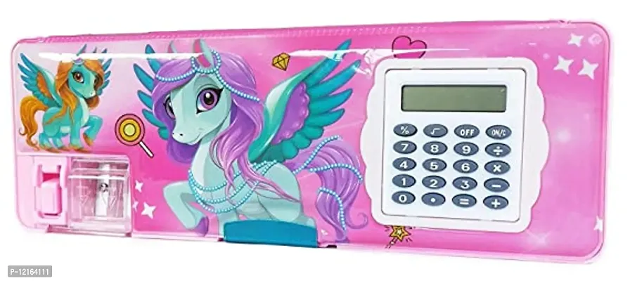 Calculator Geometry, calci Geo, Dual Sharpener With Calculator, Double sided Stationary Box for Girls Art Plastic Pencil Box