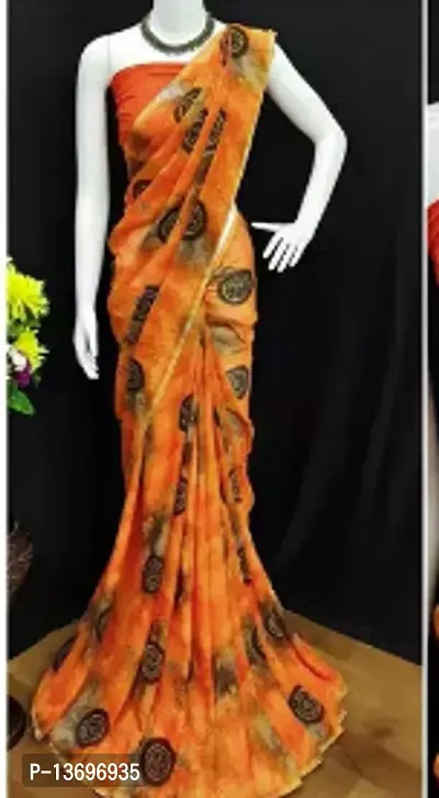 Stylish Georgette Orange Printed Saree With Blouse Piece For Women