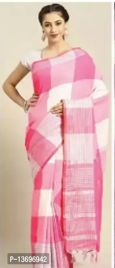Stylish Cotton Pink Checked Saree With Blouse Piece For Women-thumb0