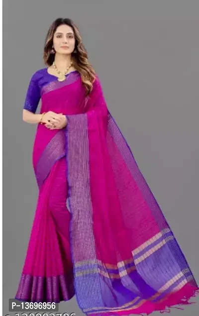 Stylish Cotton Rani Pink Zari Saree With Blouse Piece For Women