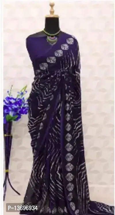 Stylish Georgette Navy Blue Bandhej Print Saree With Blouse Piece For Women