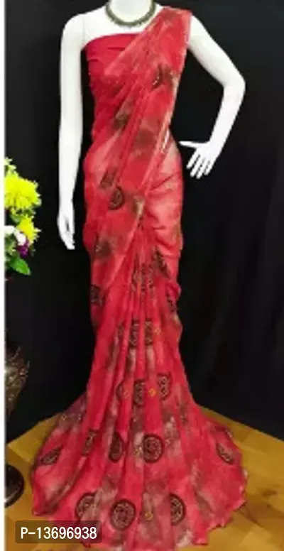 Stylish Georgette Red Printed Saree With Blouse Piece For Women