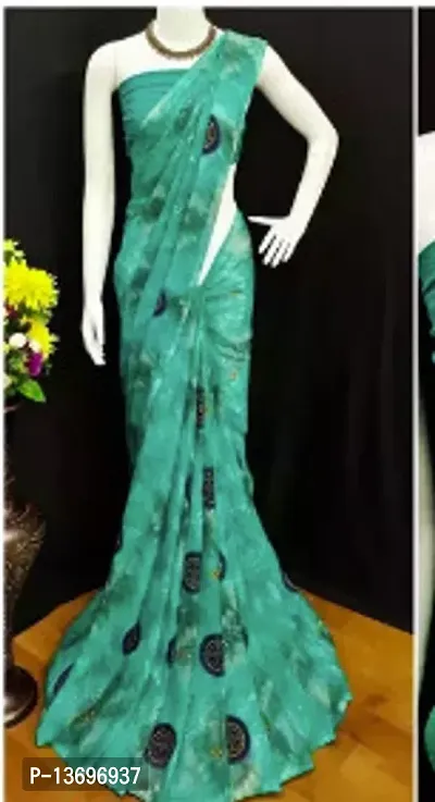 Stylish Georgette Sea Green Printed Saree With Blouse Piece For Women