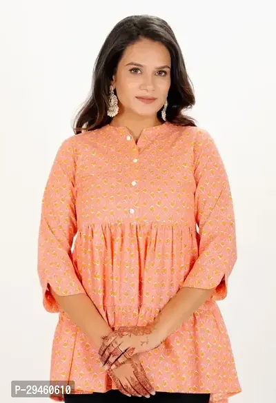 Elegant Peach Printed Cotton Short Kurta For Women-thumb0