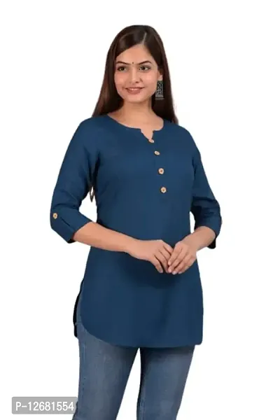 Elegant Navy Blue Solid Rayon Short Kurta For Women