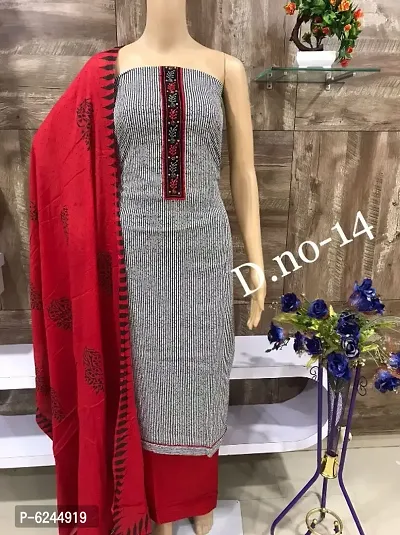 Stylish Cotton Print Neck Fancy Aari Work Dress Material With Dupatta Set-thumb1