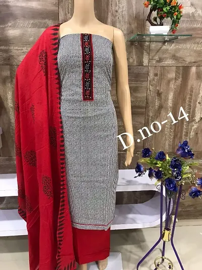 Stylish Cotton Print Neck Fancy Aari Work Dress Material With Dupatta Set