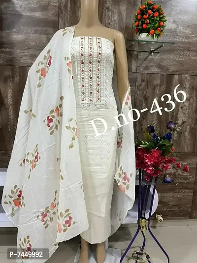 Stylish White Cotton Printed Dress Material with Dupatta-thumb0