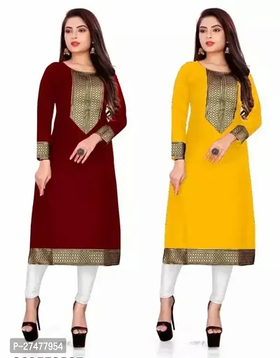 Women Casual Kurti For Women And Girl s Cotton Slub Lace border Straight Kurti  Women Straight Kurti (Pack 2)-thumb0