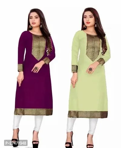 Women Casual Kurti For Women And Girl s Cotton Slub Lace border Straight Kurti  Women Straight Kurti (Pack 2)-thumb0