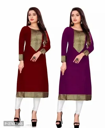 Women Casual Kurti For Women And Girl s Cotton Slub Lace border Straight Kurti  Women Straight Kurti (Pack 2)-thumb0