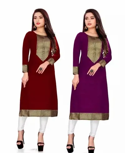 Stylish Cotton Slub Straight Self Pattern Kurtis - Pack Of 2