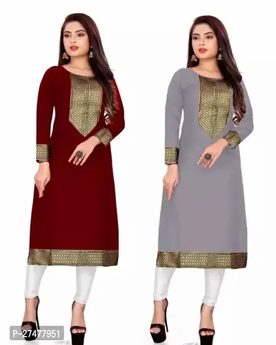 Women Casual Kurti For Women And Girl s Cotton Slub Lace border Straight Kurti  Women Straight Kurti (Pack 2)