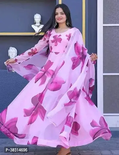 Stylish Pink Georgette Stitched Floral Print Gown With Dupatta For Women-thumb0