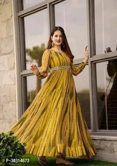 Stylish Yellow Georgette Stitched Floral Print Gown For Women-thumb0