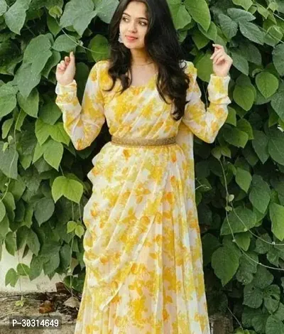 Stylish Yellow Georgette Stitched Floral Print Gown For Women-thumb0